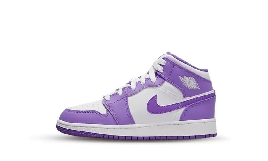 jordan 1 mid purple venom white GS running in a crater area shoes