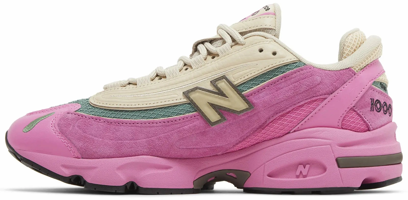 New Balance 1000 Real Pink Sandstone running with a whistle